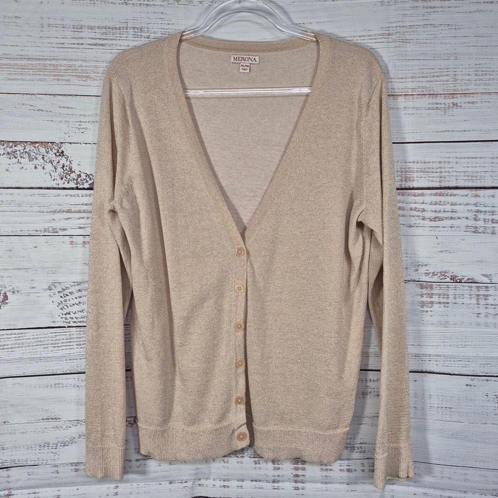 Merona Womens Metallic Gold Shimmer V-Neck Button Front Cardigan Sweater XL